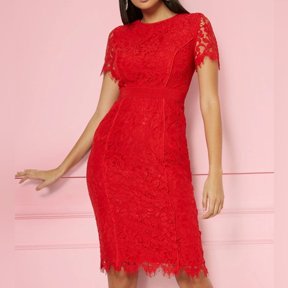 New York & Company Eva Mendes Red Lace Midi Dress